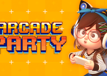 Promotional poster for 'Arcade Party' by OddOne Games showcasing colorful characters engaging in various mini-games.