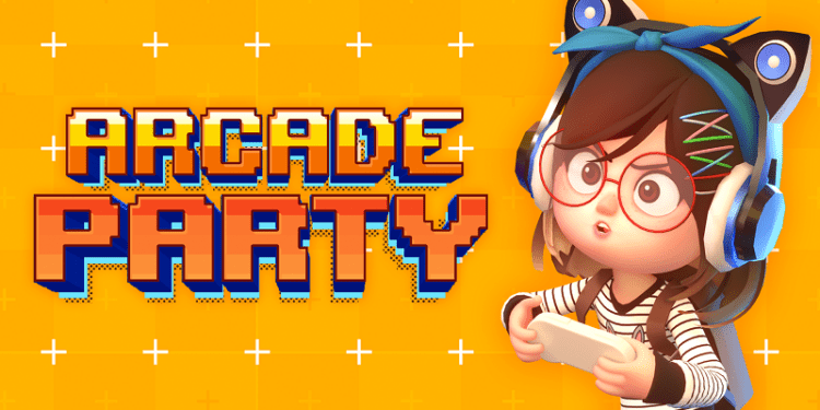 Promotional poster for 'Arcade Party' by OddOne Games showcasing colorful characters engaging in various mini-games.